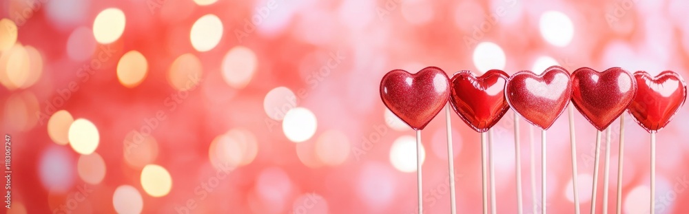 Close up view of a display of vibrant red heart shaped lollipops on a sparkling blurred background with bokeh effect This image evokes a sense of love romance Close up view of a display of vibrant red heart shaped lollipops on a sparkling blurred background with bokeh effect This image evokes a sense of love romance