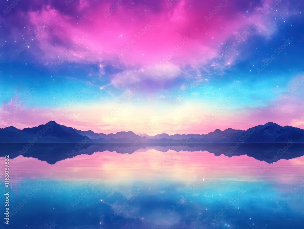 Sunset reflections in lake mirror vibrant sky, from shore perspective, warm twilight hues create tranquility Sunset reflections in lake mirror vibrant sky, from shore perspective, warm twilight hues create tranquility
