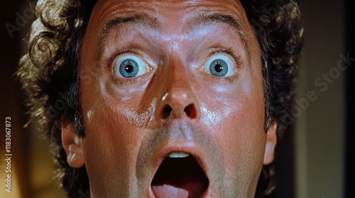 Close-up of a man's shocked face, wide eyes and open mouth. Illustrates surprise, fear, or disbelief; ideal for emotional content. photo