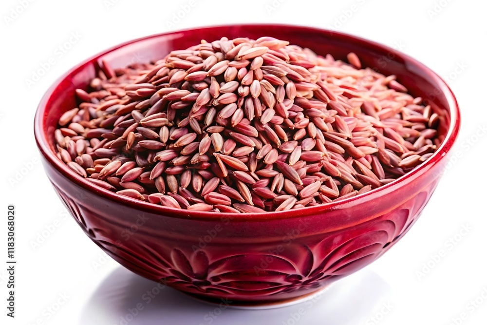 A close-up view of a red ceramic bowl filled with red rice grains. The bowl is decorated with a subtle pattern and is set against a white background. A close-up view of a red ceramic bowl filled with red rice grains. The bowl is decorated with a subtle pattern and is set against a white background.