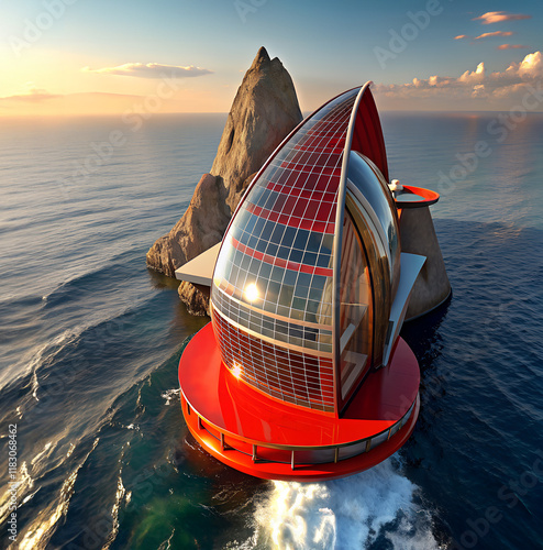 Abstract. Forms of combining a hotel with the use of a combination of solar panels. The red futuristic hotel stands on cliffs in the middle of the ocean.