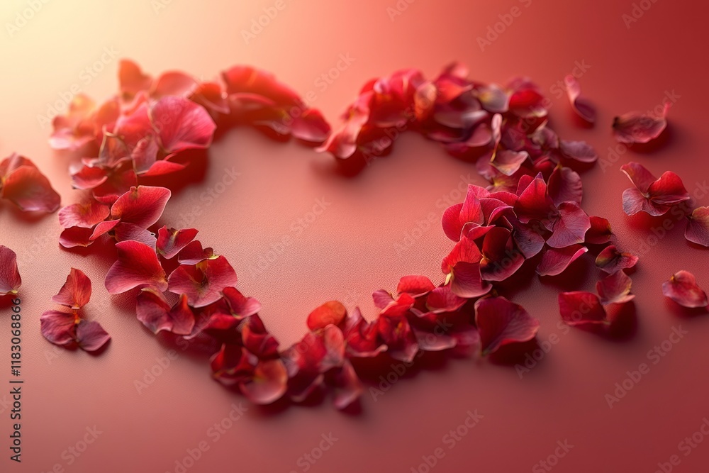 Fototapeta premium Romantic Heart-Shaped Arrangement of Red Rose Petals on a Soft Red Background Perfect for Valentine’s Day or Love-Themed Celebrations