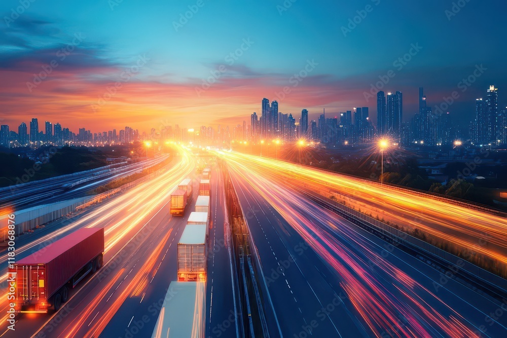 Obraz premium Vibrant Nighttime Highway Scene Capturing Flowing Traffic of Cars and Trucks Illuminated by Streetlights Against a Dark Starry Sky in Urban Landscape