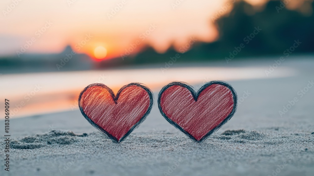 Fototapeta premium Romantic Scene of Two Intertwined Hearts on a Tranquil Beach with Gentle Waves and Soft Sand Creating a Dreamy Atmosphere at Sunset