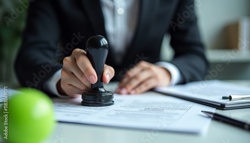 Businesswoman applying a stamp on important documents at her office. photo