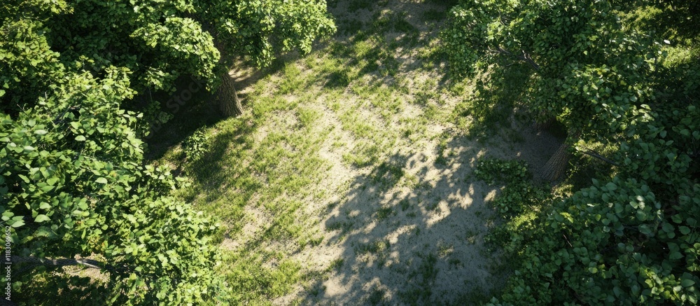Aerial view of a sun-dappled path winding through a lush green forest. Aerial view of a sun-dappled path winding through a lush green forest.