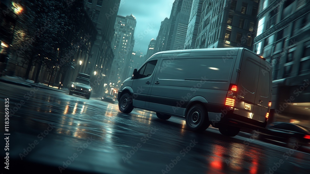 Fototapeta premium Urban Delivery Van Driving Through Rainy City Streets at Night, Surrounded by Glowing Skyscrapers and Reflections Puddles, Capturing Dynamic Urban Life