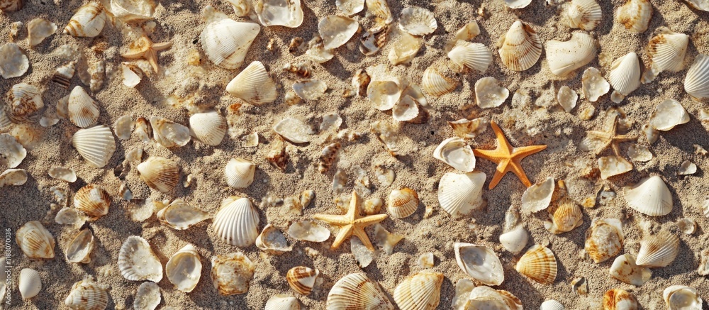 Seashells and starfish scattered on sandy beach. Seashells and starfish scattered on sandy beach.