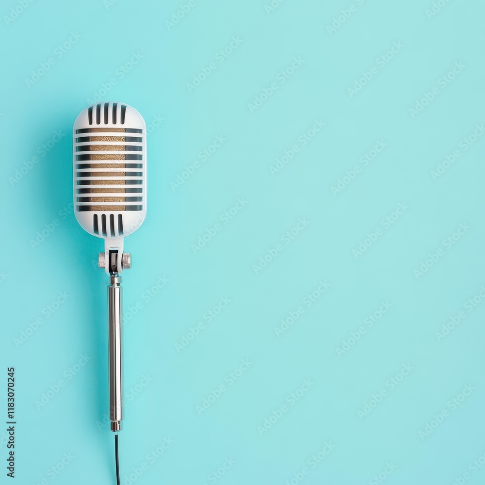 Fototapeta premium Stylish Microphone Against a Vibrant Blue Background Evoking Creativity and Inspiration in Music Production and Audio Recording Environments