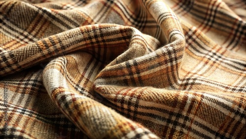 Close-up Texture of Warm Brown and Beige Plaid Fabric