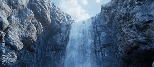 Majestic waterfall cascading down rocky cliffs under a bright sky.