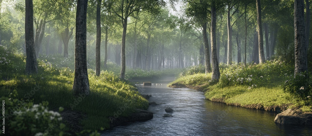 Obraz premium Misty morning stream flowing through a lush green forest.