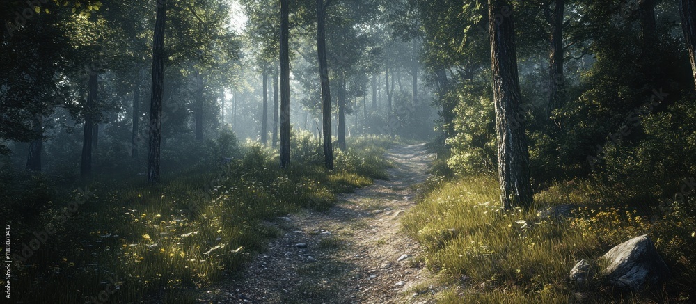 Obraz premium Misty forest path through sun-dappled trees.