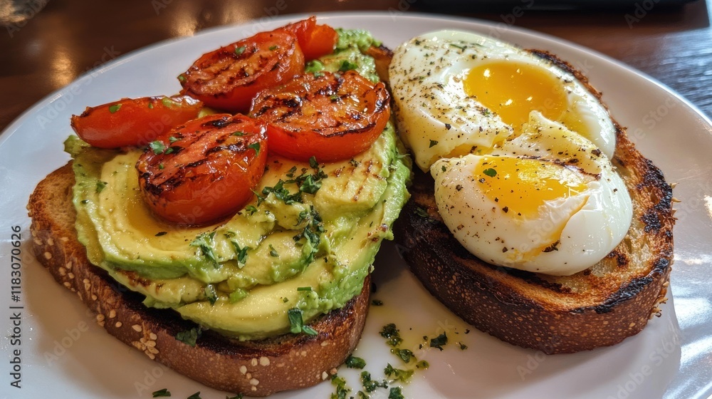 Delicious Avocado Toast with Poached Eggs and Roasted Tomatoes Delicious Avocado Toast with Poached Eggs and Roasted Tomatoes