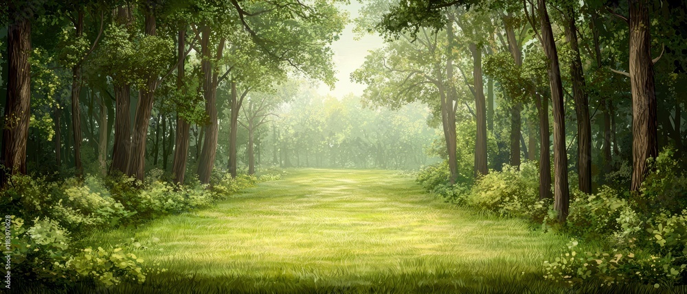 Fototapeta premium A serene forest clearing with lush greenery and soft light filtering through the trees, creating a tranquil atmosphere.