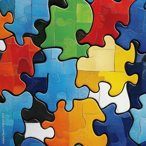 Colorful jigsaw puzzle pieces interlocked, close-up view. photo