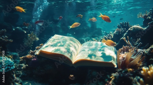 Underwater book surrounded by a vibrant coral reef ecosystem with a diversity of tropical fish swimming around it symbolizing the wealth of knowledge and mysteries hidden beneath the ocean s surface photo