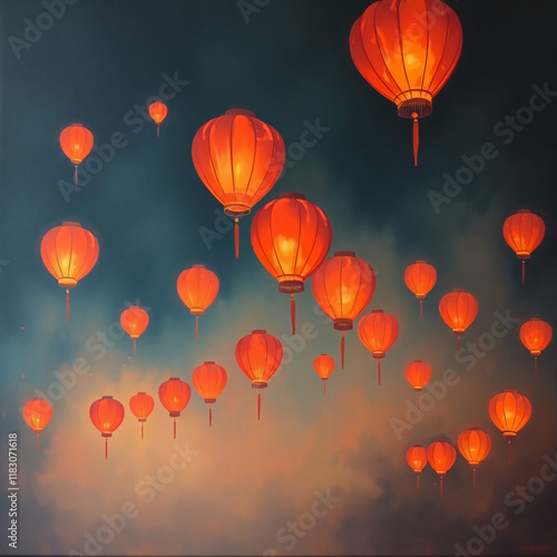 Floating Chinese Oriental Lanterns In A Dark Sky Illustration. photo