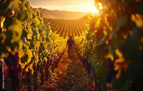 Young man harvesting grapes in a sunlit vineyard during golden hour for organic wine production