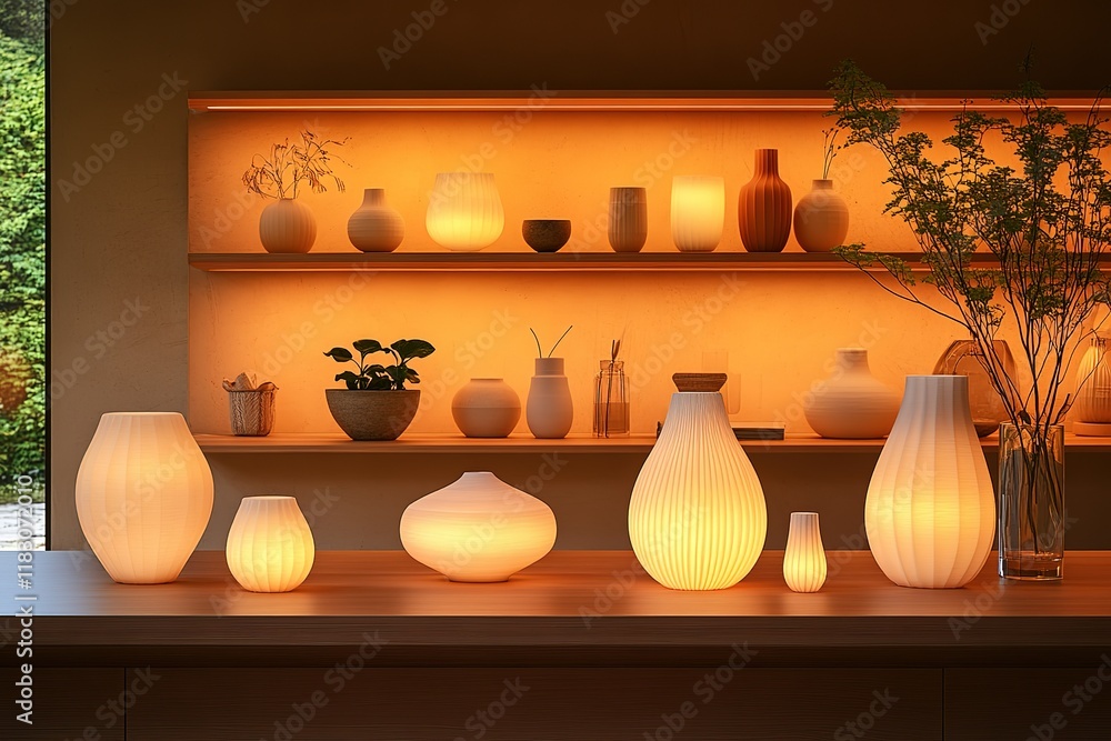 Illuminated ceramic vases and lamps create a warm, inviting ambiance. Perfect for home decor or lifestyle photography. Illuminated ceramic vases and lamps create a warm, inviting ambiance. Perfect for home decor or lifestyle photography.