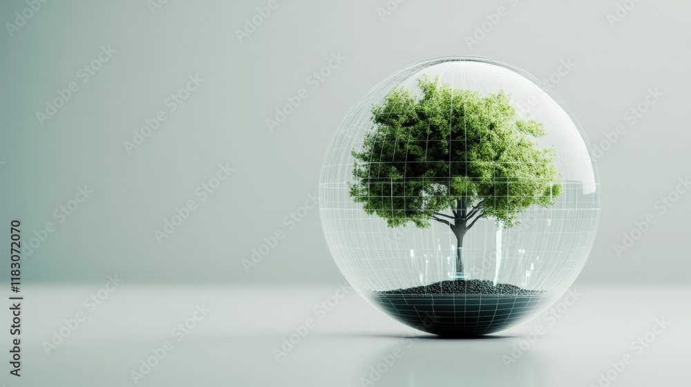 A Lush Green Tree Encased in a Transparent Sphere Symbolizing Sustainability, Growth, and Environmental Protection in a Minimalist Setting A Lush Green Tree Encased in a Transparent Sphere Symbolizing Sustainability, Growth, and Environmental Protection in a Minimalist Setting
