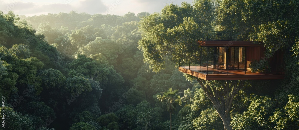 Modern treehouse in lush forest at sunrise. Modern treehouse in lush forest at sunrise.