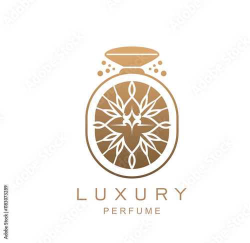 Luxury perfume fragrance icon for high end branding or promotion. Vector cosmetics product label, features an elegant and ornate scent flask in gold color, embodying sophistication and exclusivity