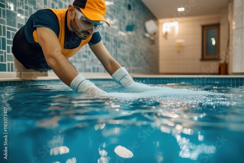 Worker cleaning a swimming pool, wearing protective gear. Illustrates pool maintenance and hygiene services.
