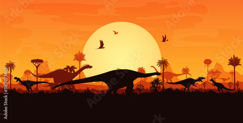 Prehistoric dinosaurs silhouettes at sunset landscape with trees and plants. Vector background with terrain dino species and flying pterosaur shadows in front of the large orange sun in a dusk sky