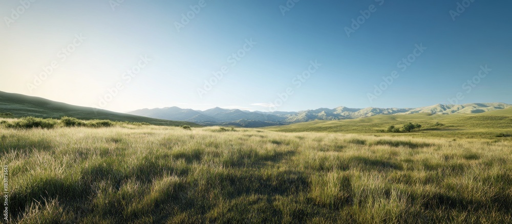 Fototapeta premium Serene sunrise over vast grassland and distant mountain range.