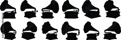 Gramaphone silhouettes set, music pack of vector silhouette design, isolated background