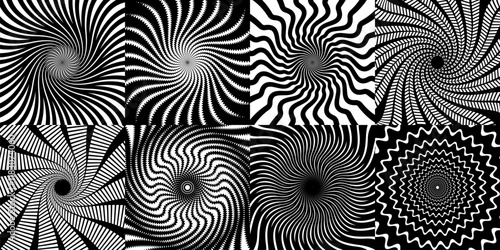 Psychedelic hypnosis swirl, hypnotic spiral patterns. Monochrome vector set of optical illusions with swirling circular shapes, wavy lines or rays. Abstract black and white surreal spiraling effect