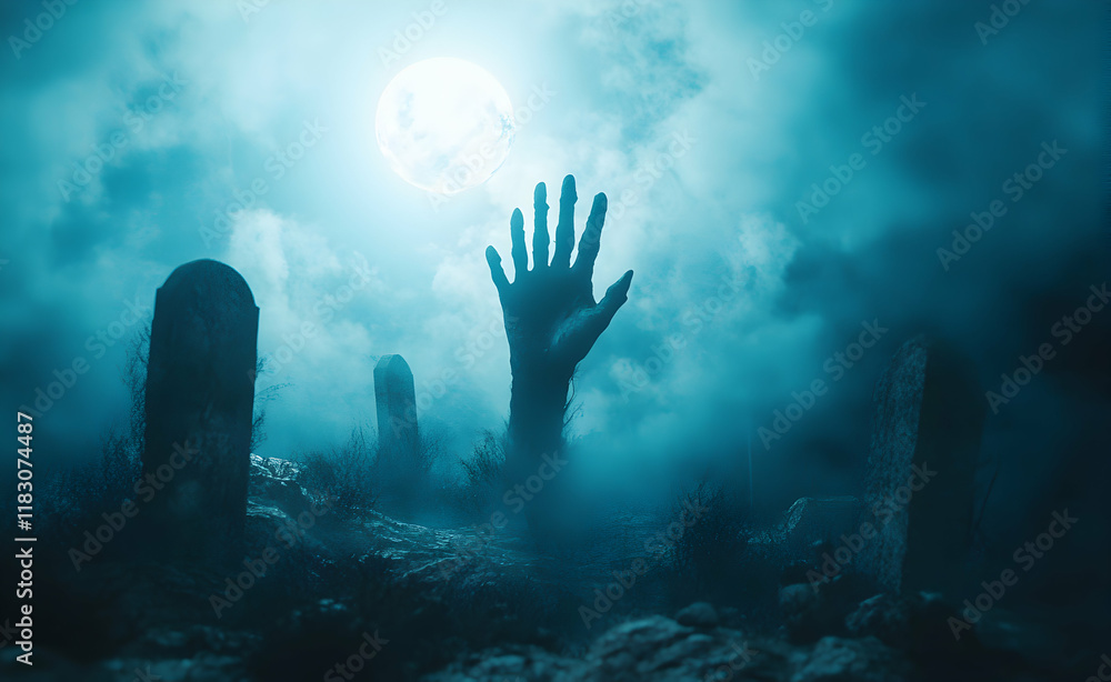 Obraz premium Nightmarish Graveyard Scene: A Zombie Hand Reaches From the Grave Under a Full Moon