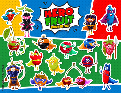 Superhero fruit stickers pack, cartoon funny berry characters in cute hero costumes. Vector cherry, strawberry, raspberry and gooseberry, blueberry and grapes fruits wearing superhero masks and capes