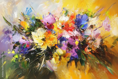 Vibrant Floral Abstract Artwork with Colorful Blossoms and Expressive Brushstrokes, Perfect for Brightening Spaces and Inspiring Creativity