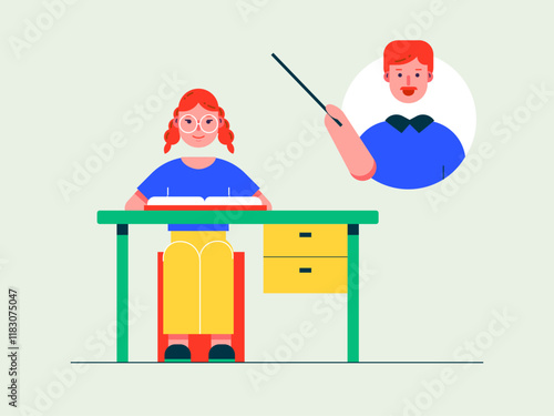 Girl online home schooling. Homeschooling illustrations. Flat vector illustrations