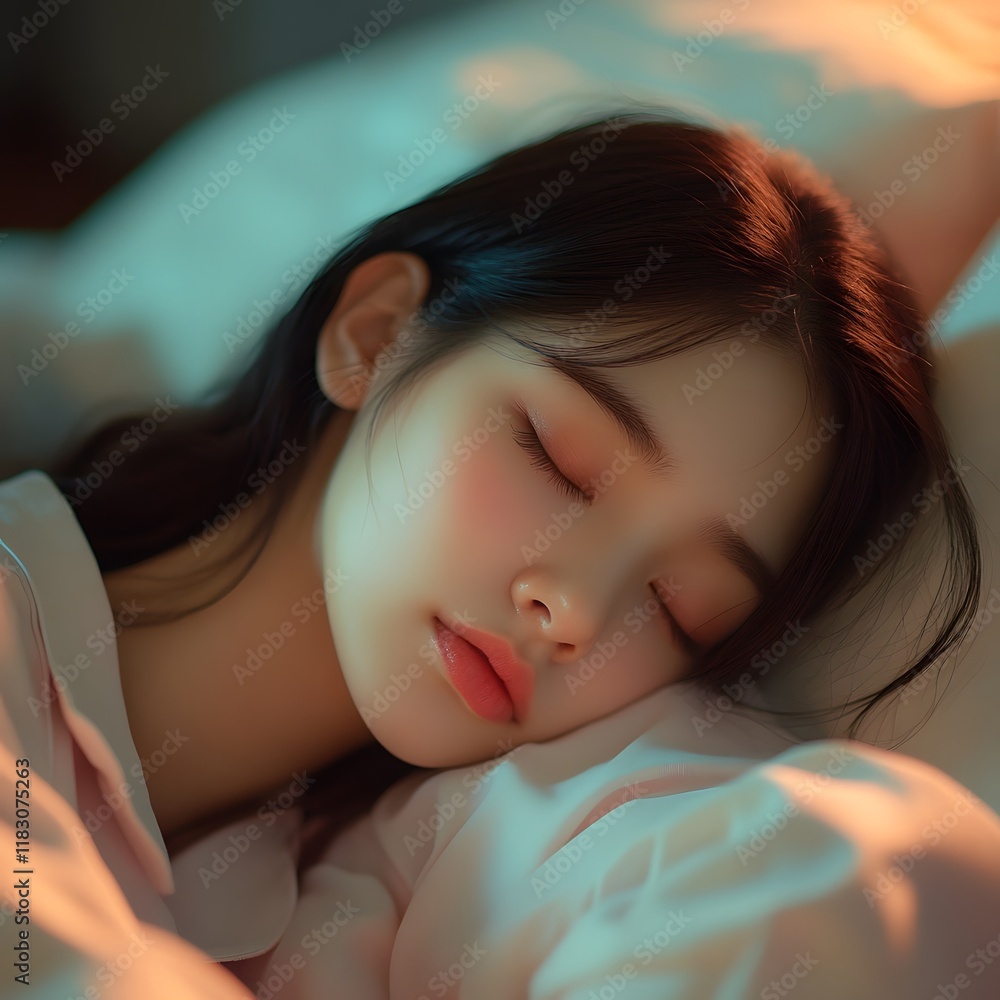 Tranquil slumber   Young Asian woman resting peacefully in pastel toned bedroom