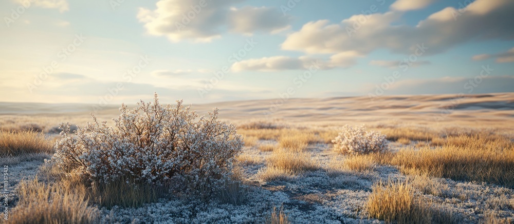 Frosty winter landscape with shrubs and grass under a partly cloudy sky. Frosty winter landscape with shrubs and grass under a partly cloudy sky.