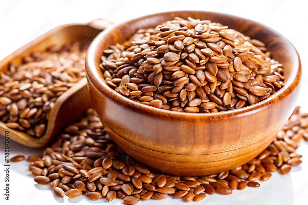 A wooden bowl filled with brown flax seeds sits on a white surface, with some seeds scattered around it. A wooden bowl filled with brown flax seeds sits on a white surface, with some seeds scattered around it.
