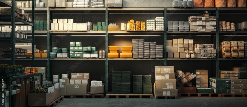 Well-organized warehouse with various products neatly stocked on shelves and pallets. Well-organized warehouse with various products neatly stocked on shelves and pallets.
