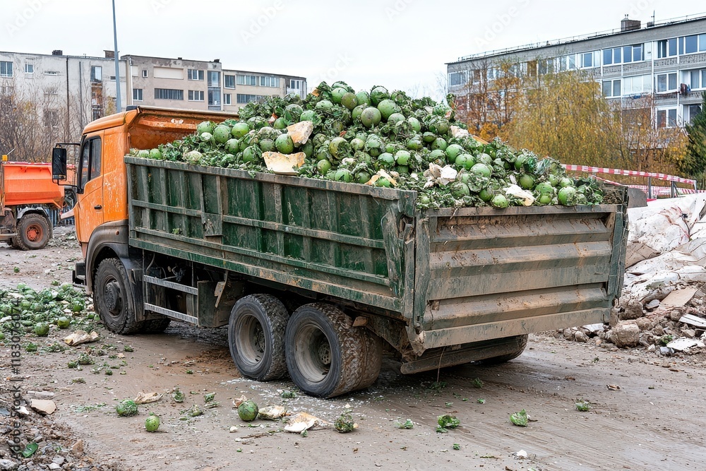 Fototapeta premium Dump truck overflowing with discarded cabbages. Shows food waste disposal or agricultural byproduct removal.