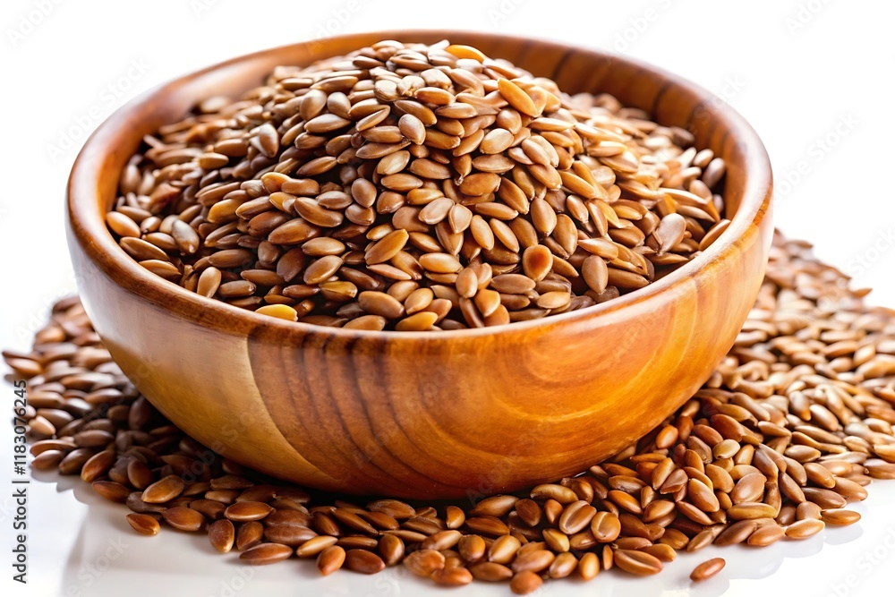 A wooden bowl filled with brown flax seeds sits on a white surface, with some seeds scattered around it. A wooden bowl filled with brown flax seeds sits on a white surface, with some seeds scattered around it.