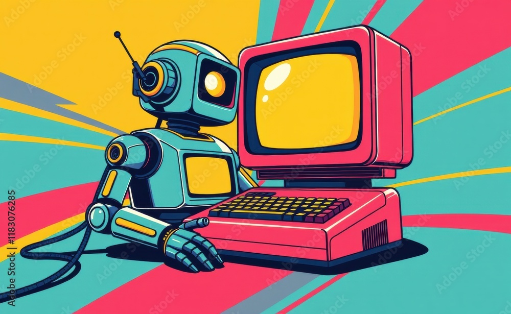 Naklejka premium A retro-styled illustration of a vintage robot standing beside a classic desktop computer, evoking a nostalgic feeling of early computing and artificial intelligence.