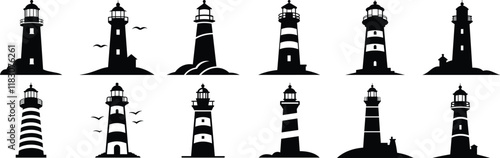 Lighthouse silhouette set vector design big pack of sea illustration and icon