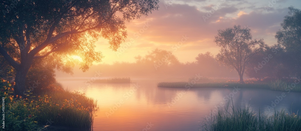 Misty sunrise over calm lake with trees. Misty sunrise over calm lake with trees.