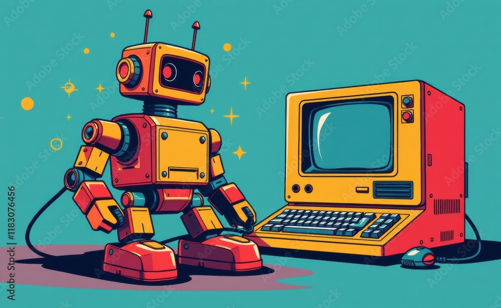 Fototapeta premium A retro-styled illustration of a vintage robot standing beside a classic desktop computer, evoking a nostalgic feeling of early computing and artificial intelligence.