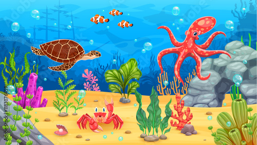 Sunken ship and sea animals on underwater game landscape, cartoon vector background. Undersea game landscape with sea or ocean fishes, funny octopus with turtle and crab in underwater seaweeds