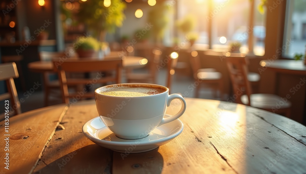 A warm cup of coffee on a wooden table in a sunlit café.