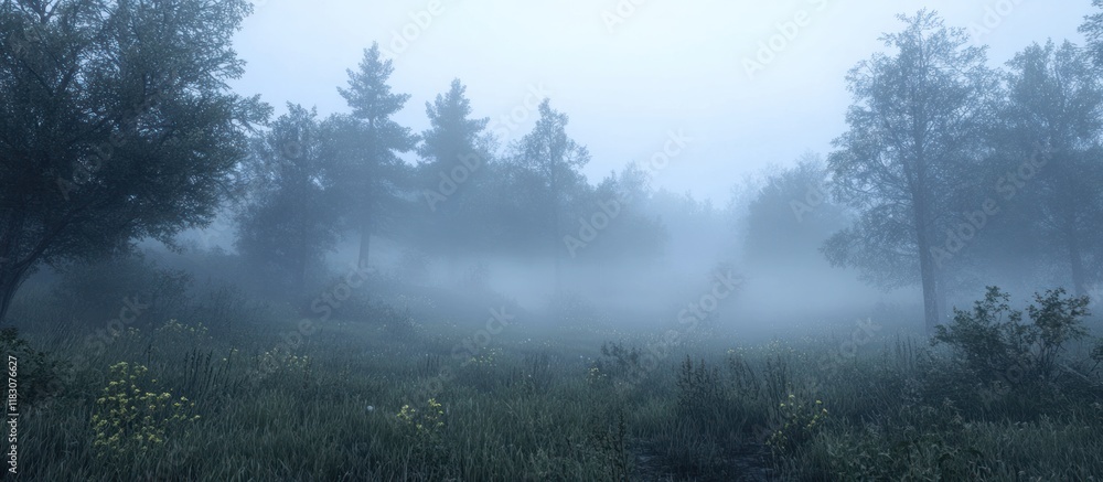 Fototapeta premium Misty forest scene with dense fog obscuring trees and meadow.