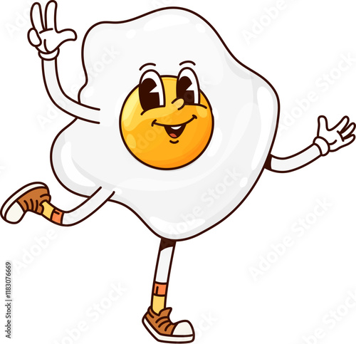 Groovy breakfast fried egg character. Isolated cartoon vector retro food personage reveals a happy yolk face, wishing good morning and spreading joy with enthusiasm. Cheerful scrambled omelet egg
